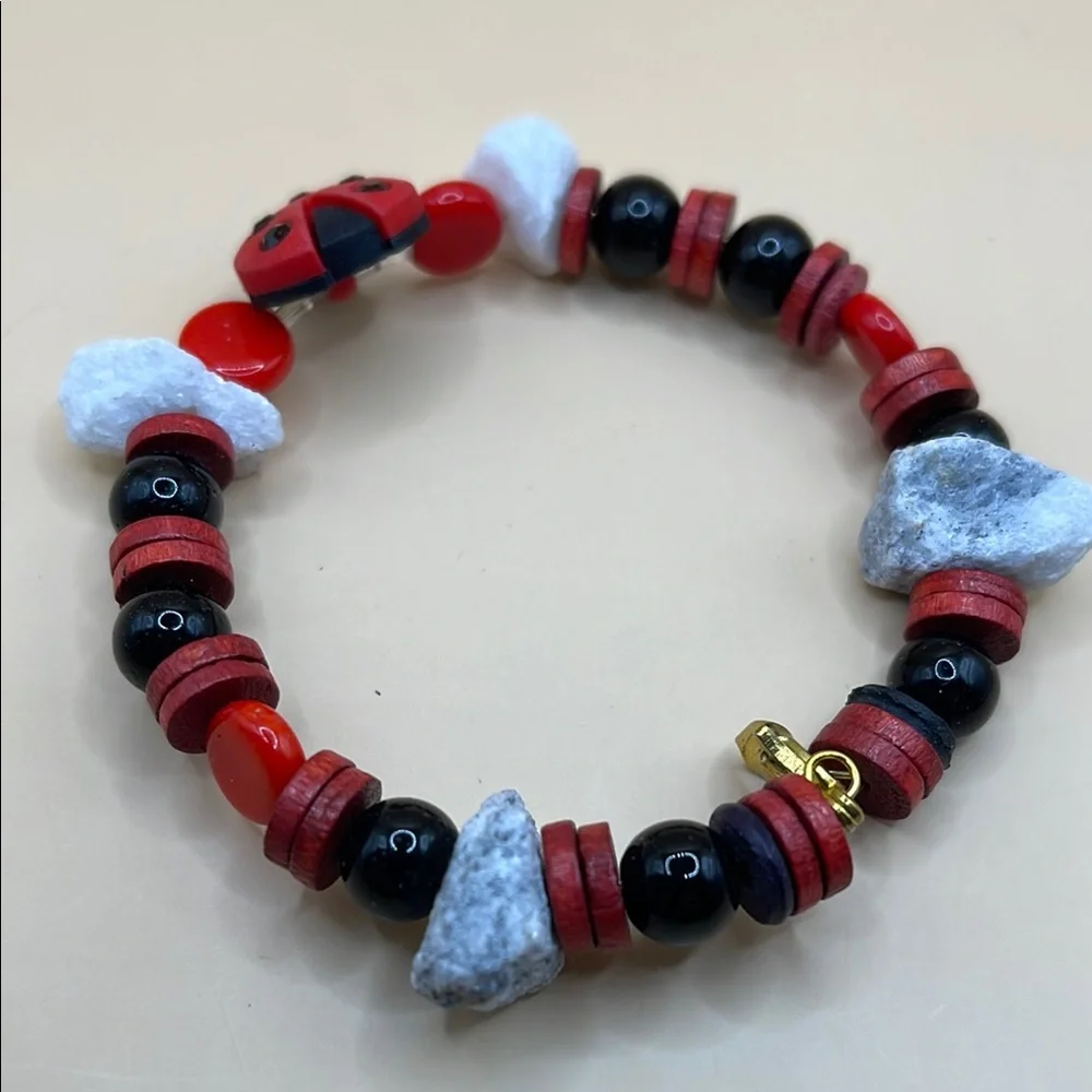 Whimsical Ladybug Beaded Bracelet - Red Black & stones